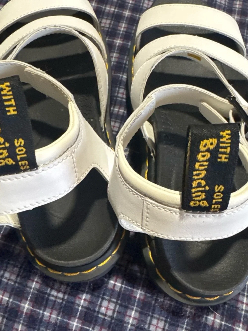 Dr. Martens blaire White Multi-Strap Sandals with Yellow Stitching